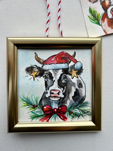 Christmas Cow 4x4 Painted Framed Ornament