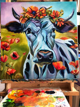 Load image into Gallery viewer, “Hope is Beauty Yet to Bloom” Cow with Poppies Original Oil Painting 20” x 20&quot;
