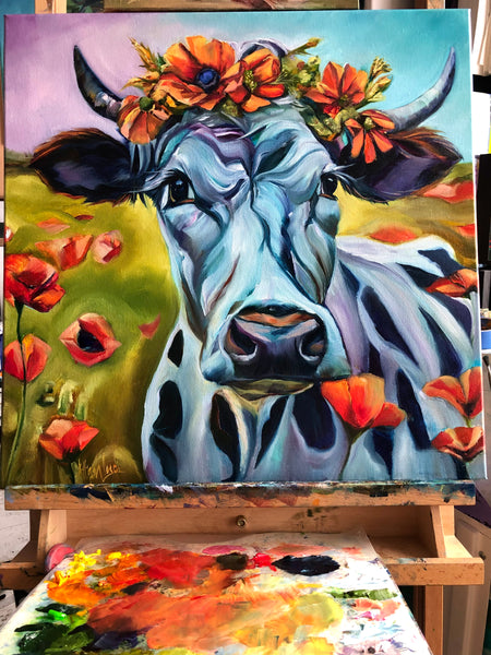“Hope is Beauty Yet to Bloom” Cow with Poppies Original Oil Painting 20” x 20"