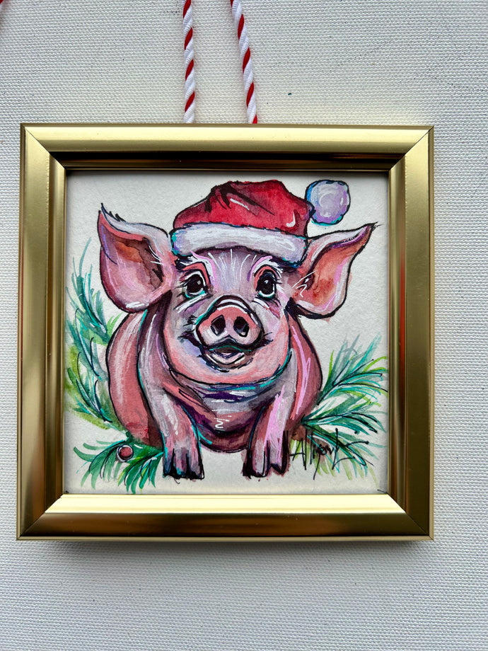 Christmas Piggie 4x4 Painted Framed Ornament