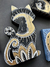 Load image into Gallery viewer, New Moon Art - stand up Cat and Crescent Moon with gold leaf
