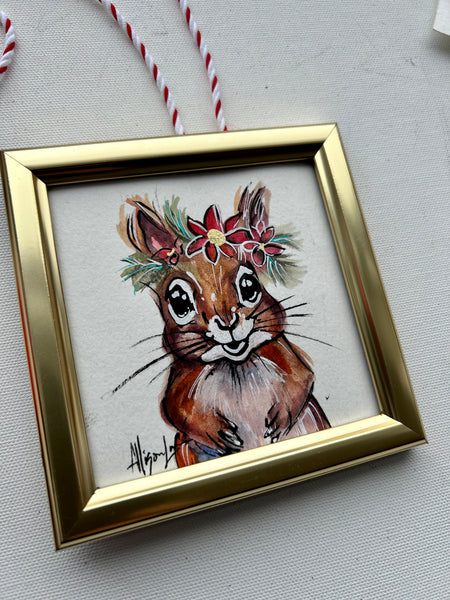 Christmas Squirrel 4x4 Painted Framed Ornament