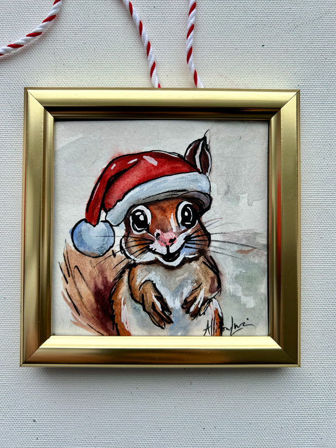 Christmas Squirrel 4x4 Painted Framed Ornament