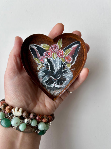 Littles Painted Bunny Rabbit Rustic Heart Magnet or Ring Dish Art Free Shipping
