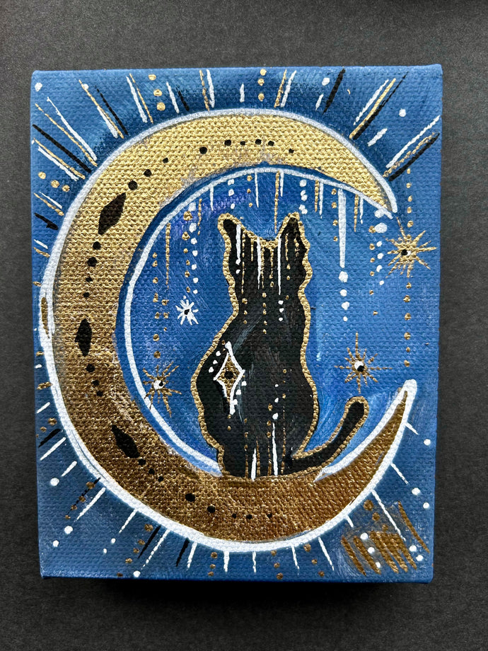 New Moon Art - 4” x 5” Black Cat with gold leaf