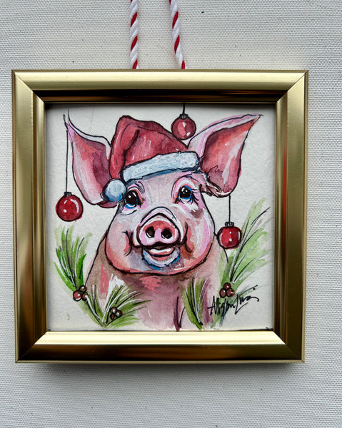 Christmas Piggie 4x4 Painted Framed Ornament