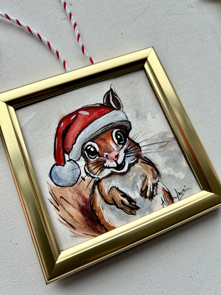 Christmas Squirrel 4x4 Painted Framed Ornament