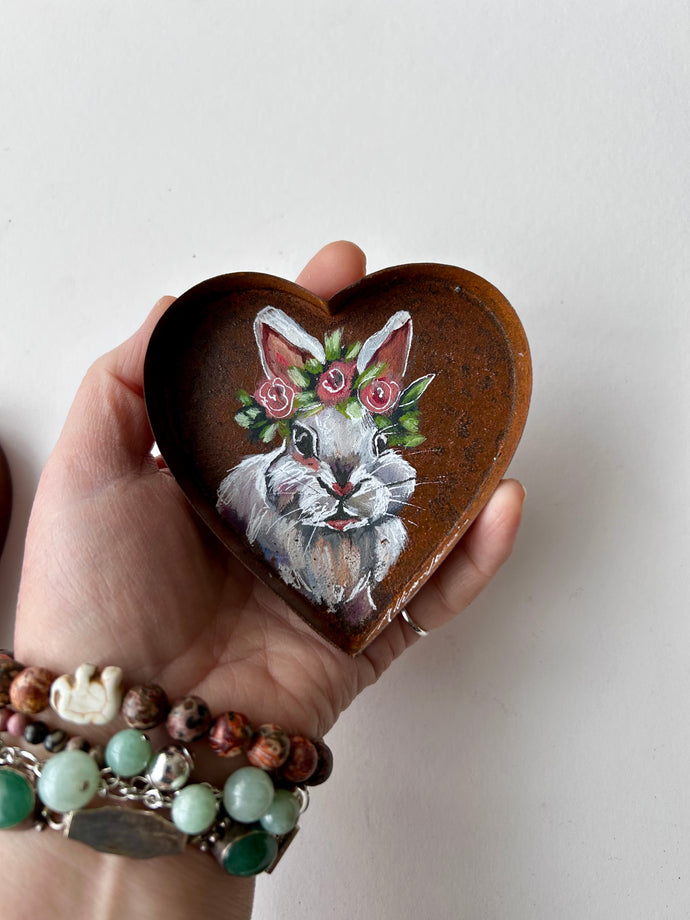 Littles Painted Bunny Rabbit Rustic Heart Magnet or Ring Dish Art Free Shipping