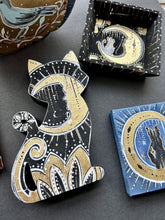 Load image into Gallery viewer, New Moon Art - stand up Cat and Crescent Moon with gold leaf
