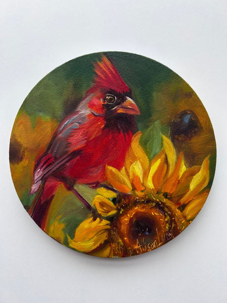 Basking in the Sun Cardinal Original Oil Painting 8” round