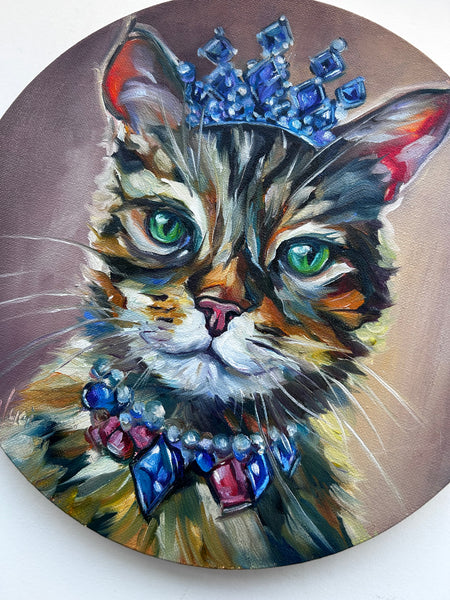 Sapphire a Beautiful Cat with a Crown of Jewels Original Oil Painting 12” round