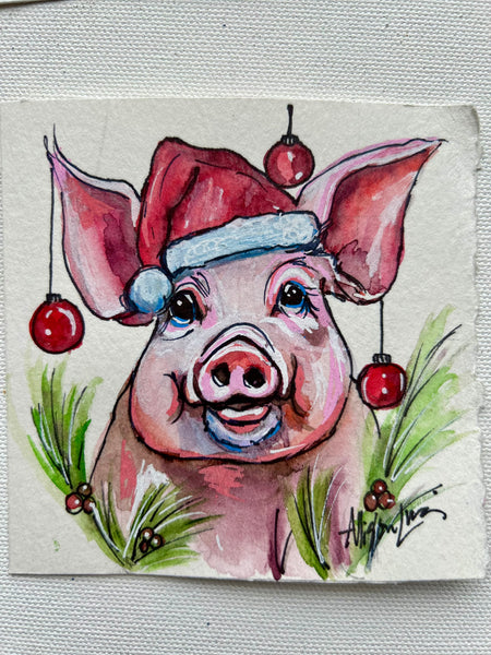 Christmas Piggie 4x4 Painted Framed Ornament