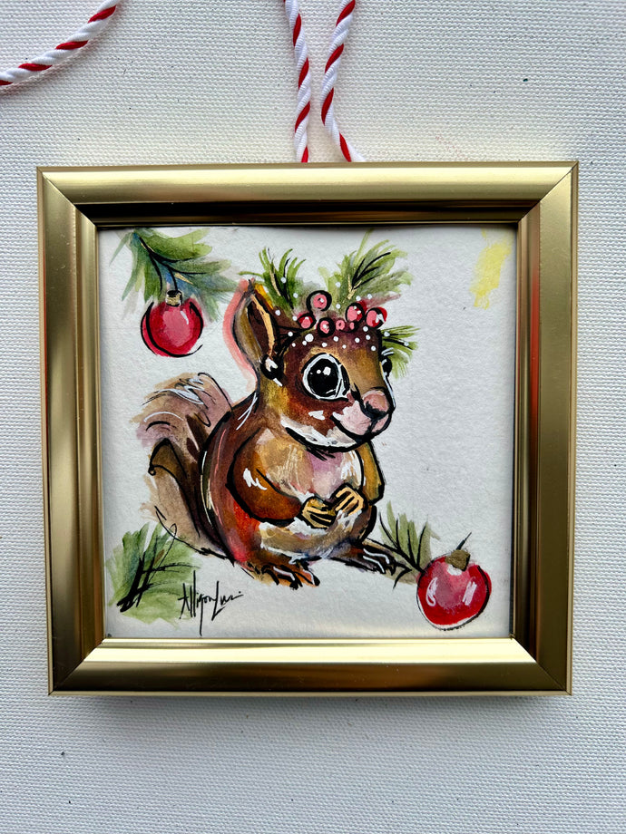 Christmas Squirrel 4x4 Painted Framed Ornament