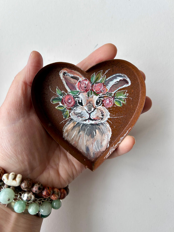 Littles Painted Bunny Rabbit Rustic Heart Magnet or Ring Dish Art Free Shipping