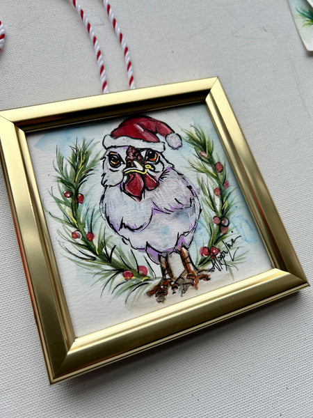Christmas Chicken 4x4 Painted Framed Ornament