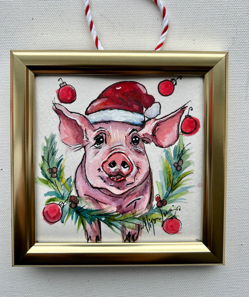 Christmas Piggie 4x4 Painted Framed Ornament