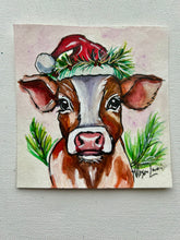 Load image into Gallery viewer, Christmas Cow 4x4 Painted Framed Ornament
