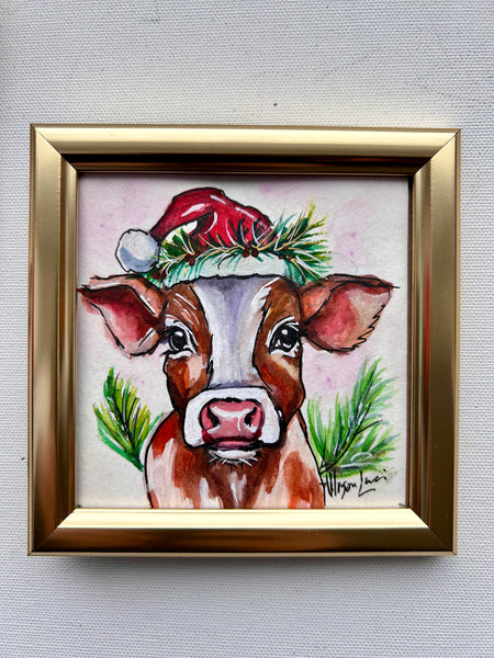 Christmas Cow 4x4 Painted Framed Ornament