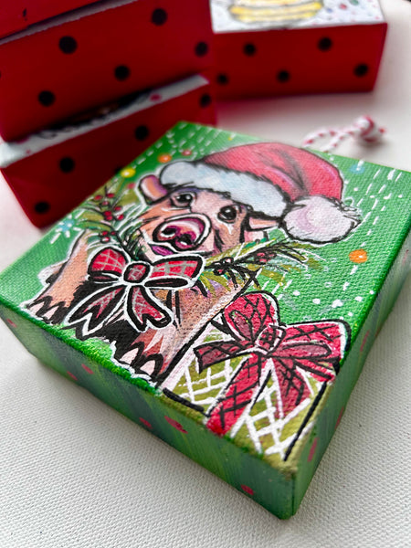 Christmas Piggie with Presents 4x4 Painted Ornament