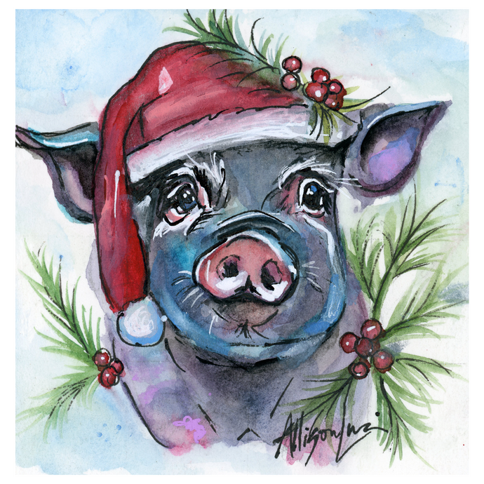 Blue Santa Pig Christmas Holiday Art Print - Multiple Sizes