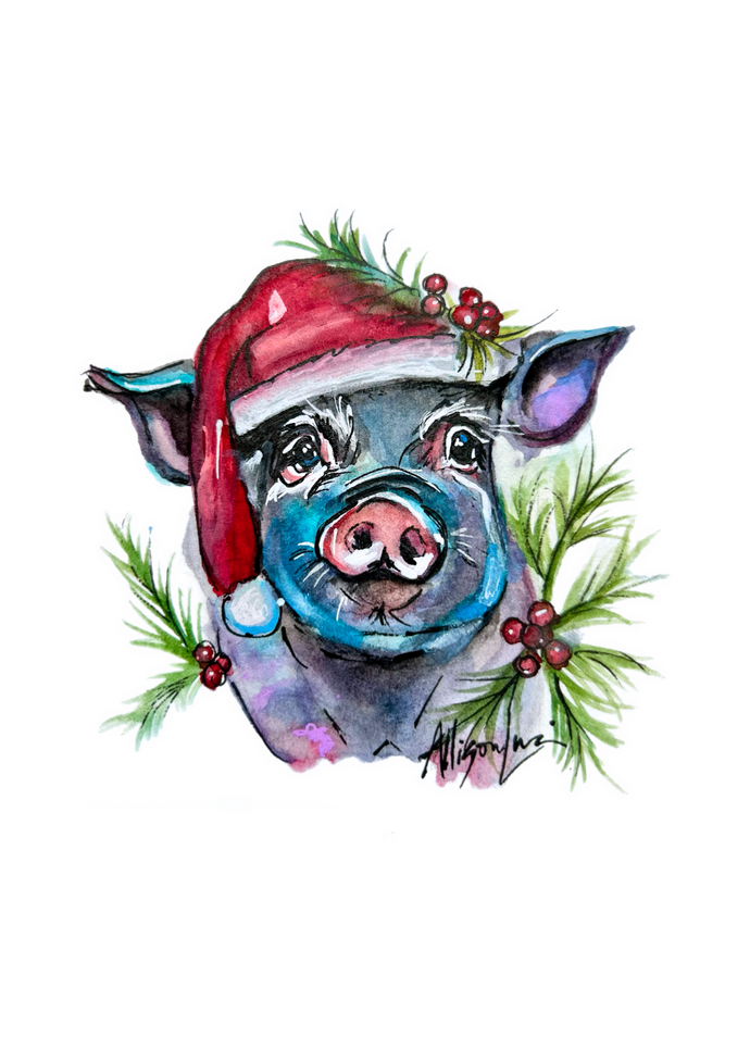 Blue Santa Pig 5x7 Giclee Fine Art Print