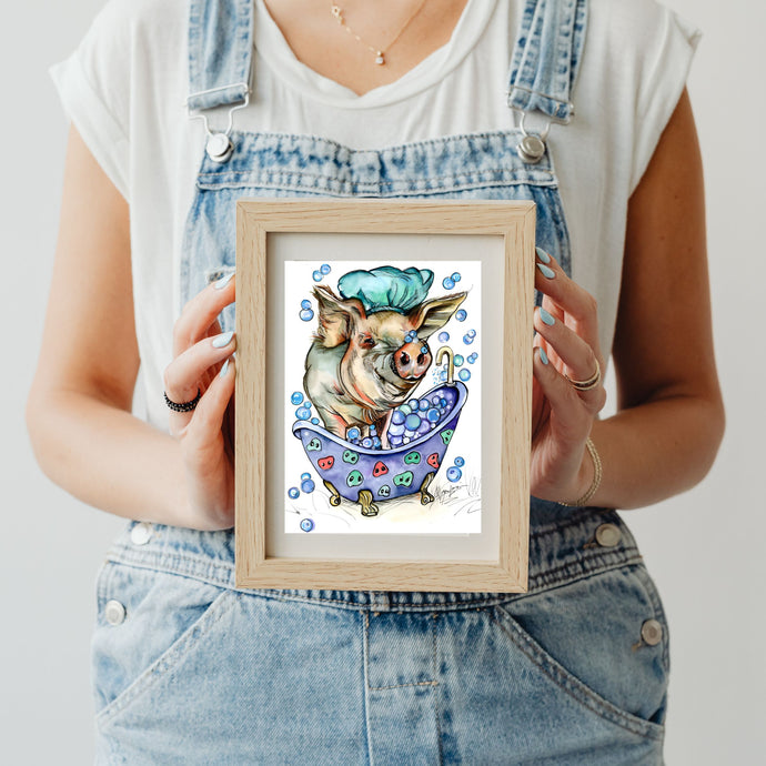 Tubby Time Bubbles Giclee Pig Fine Art Paper Print Multiple Sizes for Odd Man Inn