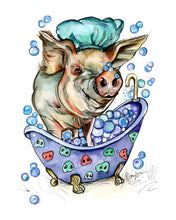 Load image into Gallery viewer, Tubby Time Bubbles Giclee Pig Fine Art Paper Print Multiple Sizes for Odd Man Inn
