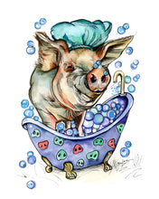 Load image into Gallery viewer, Tubby Time Bubbles Giclee Pig Fine Art Paper Print Multiple Sizes for Odd Man Inn
