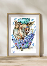 Load image into Gallery viewer, Tubby Time Bubbles Giclee Pig Fine Art Paper Print Multiple Sizes for Odd Man Inn
