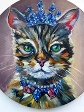 Load image into Gallery viewer, Sapphire a Beautiful Cat with a Crown of Jewels Original Oil Painting 12” round
