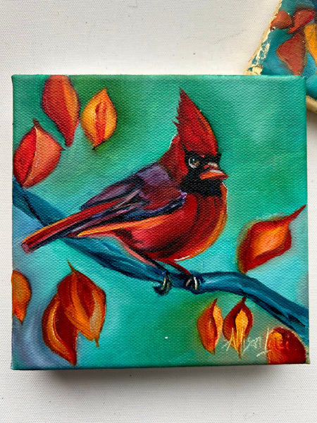 Red Cardinal Original Oil Painting 6x6