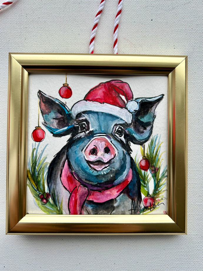 Christmas Piggie 4x4 Painted Framed Ornament