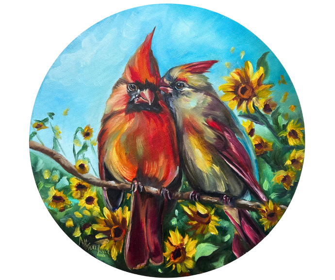 Cardinals in Love Original Oil Painting 16” round