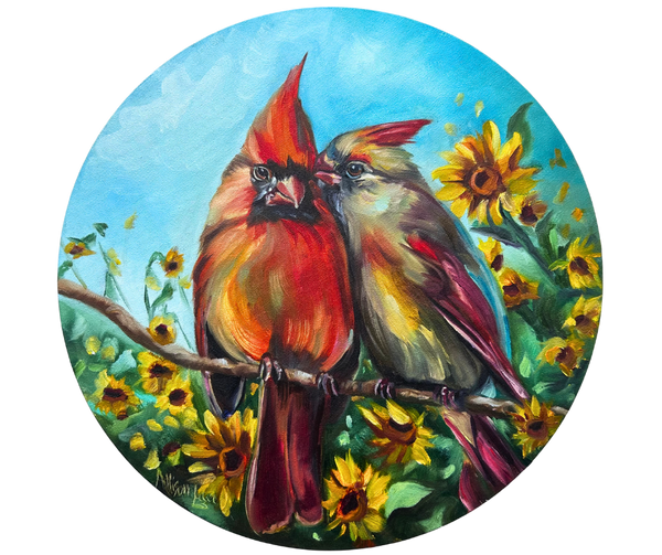 Cardinals in Love Original Oil Painting 16” round