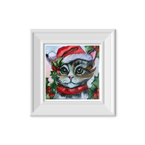 Christmas Cat Pretty Santa Kitty Fine Art Print from Original Oil Painting