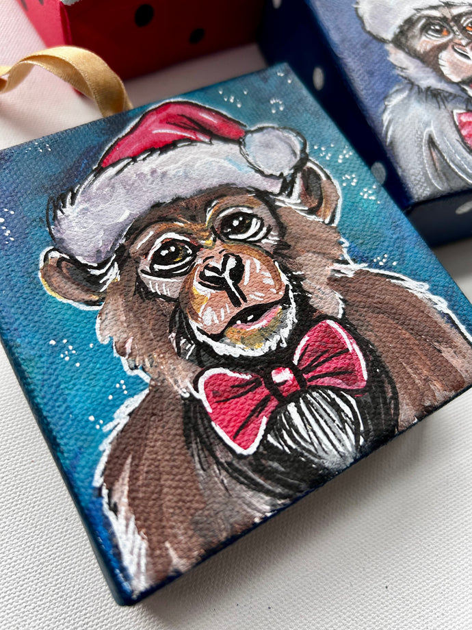 Santa Monkey 4x4 Painted Ornament