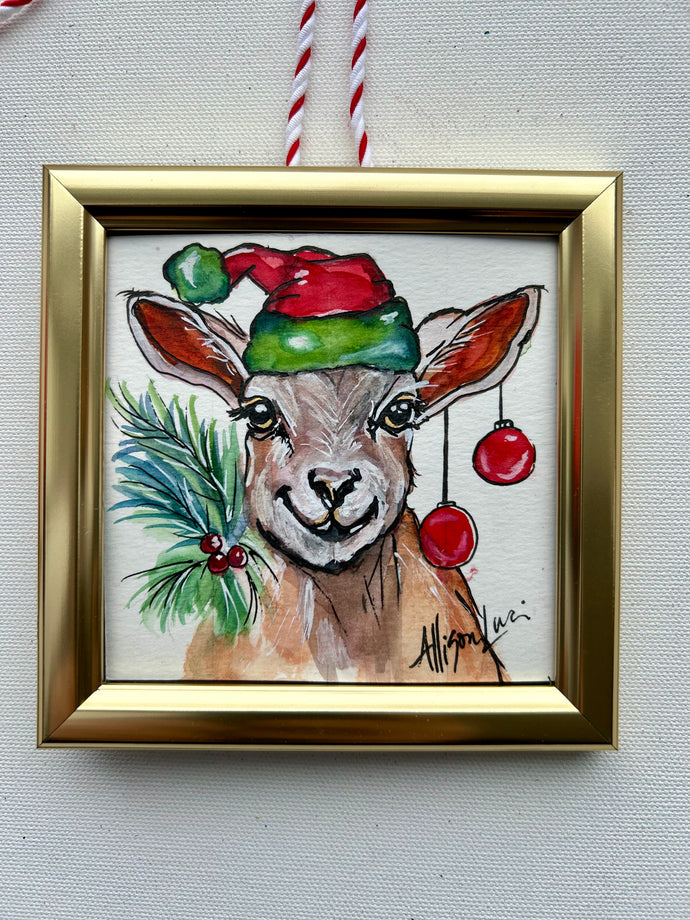 Christmas Goat 4x4 Painted Framed Ornament