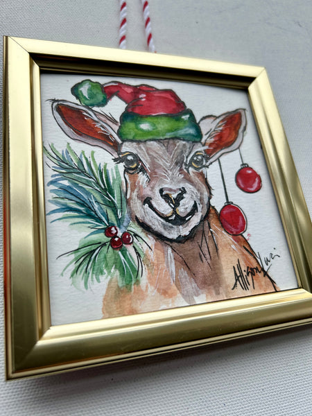 Christmas Goat 4x4 Painted Framed Ornament