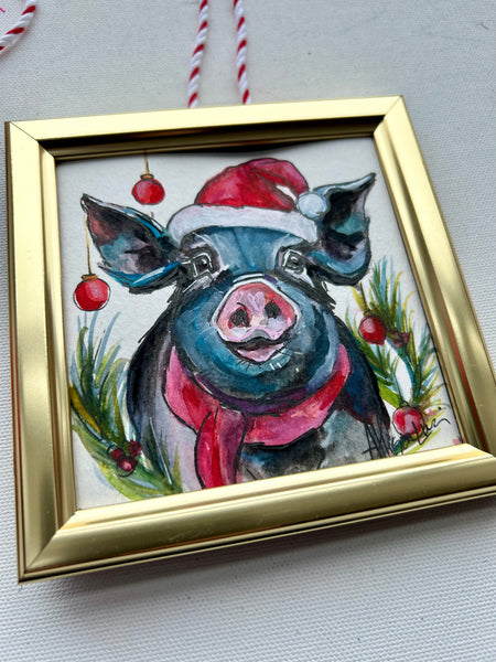 Christmas Piggie 4x4 Painted Framed Ornament