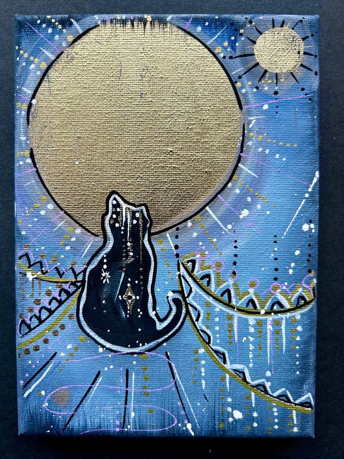 New Moon Art - 5” x 7” Black Cat with gold leaf