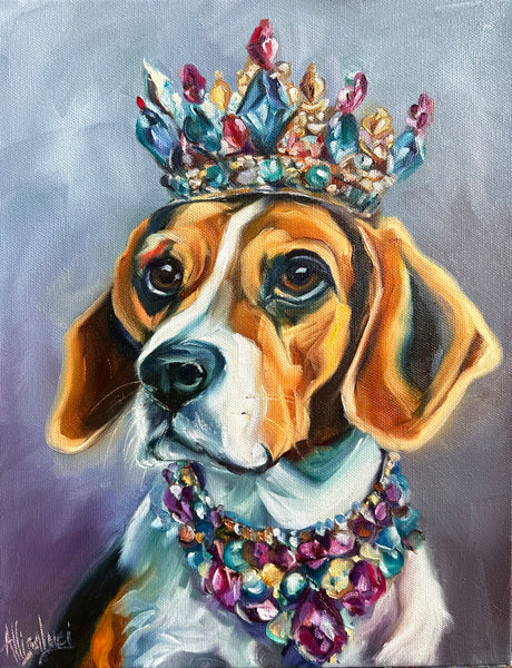 Worthy Royal Beagle Original Oil Painting - Jewel Collection - 11” x 14” Free Shipping