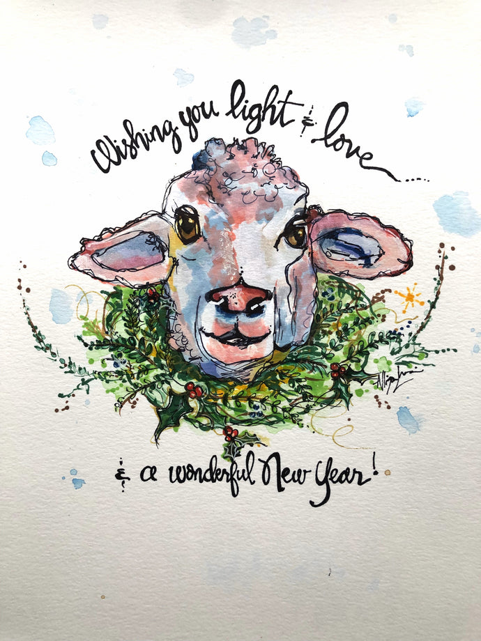 Original Watercolor Painting Sheep Art Light and Love