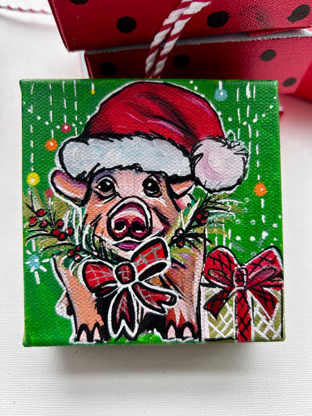 Christmas Piggie with Presents 4x4 Painted Ornament