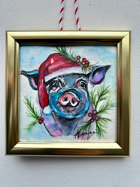 Christmas Piggie 4x4 Painted Framed Ornament