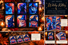 Load image into Gallery viewer, Witchy Kitties Collection • Set of 6 - 5" x 7" Giclee Paper Prints Halloween Magical Cats
