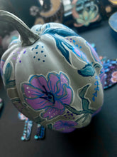 Load image into Gallery viewer, Farmhouse Grey Hand Painted Pumpkin with Lavender Flowers
