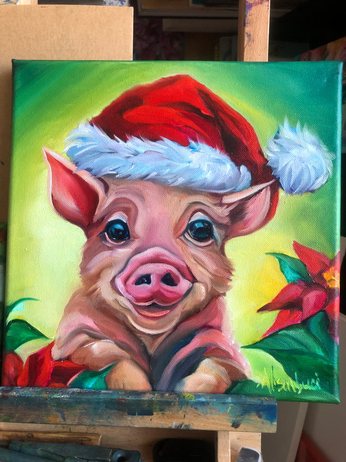 Santa Pig Original Oil Painting 12x12