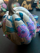 Load image into Gallery viewer, Farmhouse Grey Hand Painted Pumpkin with Lavender Flowers
