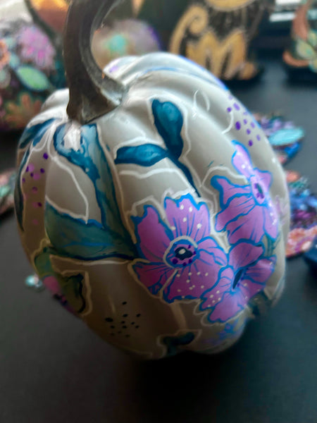 Farmhouse Grey Hand Painted Pumpkin with Lavender Flowers