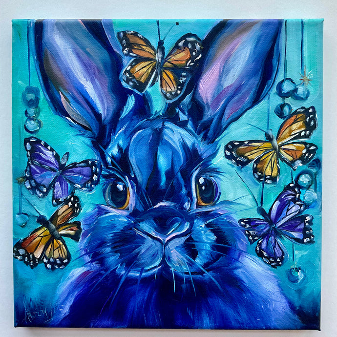 Original Oil Painting Bunny Rabbit Butterfly Kisses ORIGINAL Art 10” x 10” • Free Shipping